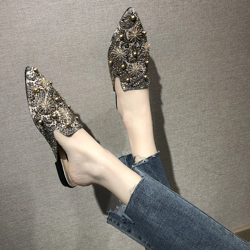 Casual Pointed Toe Floral Rivet Slingback Slip On Women Mules Shoes