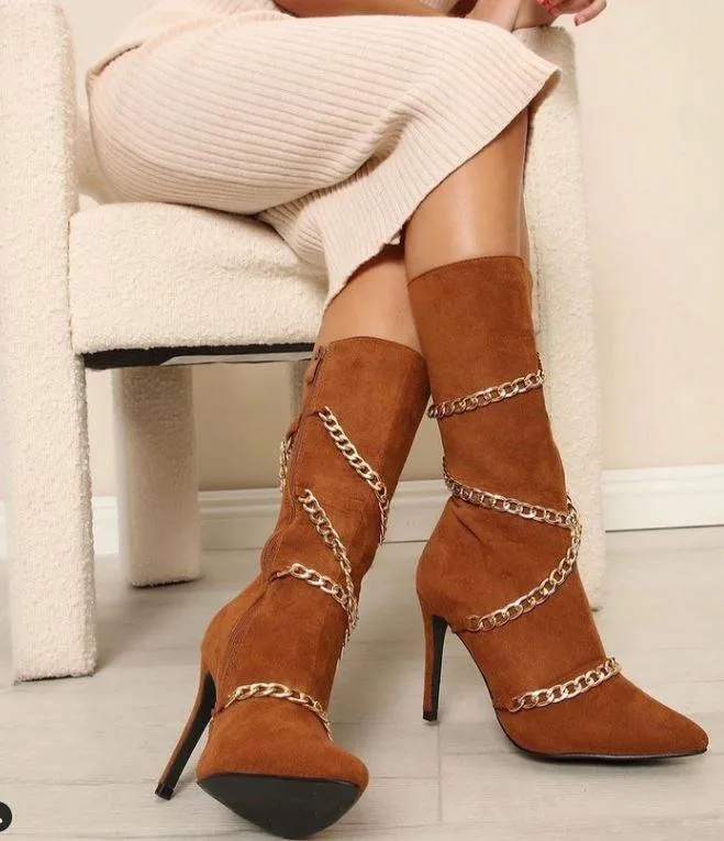 chain wrapped pointy toe stiletto