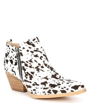 Cow Print Calf-Hair Block Heel Booties by Volatile