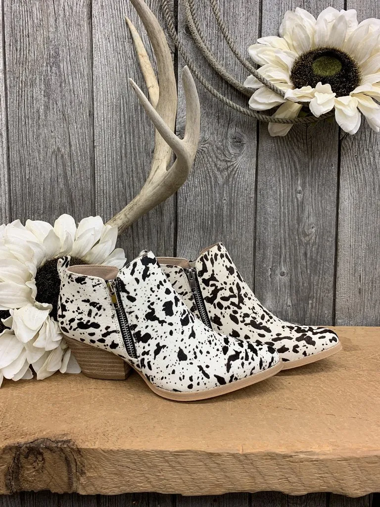 Cow Print Calf-Hair Block Heel Booties by Volatile