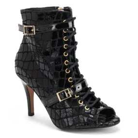 Kylie - Black Faux Crocodile Dance Booties (Street Sole)