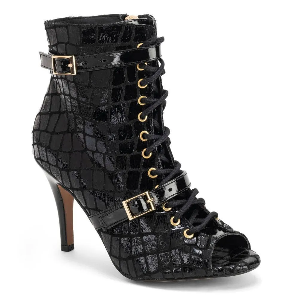 Kylie - Black Faux Crocodile Dance Booties (Street Sole)