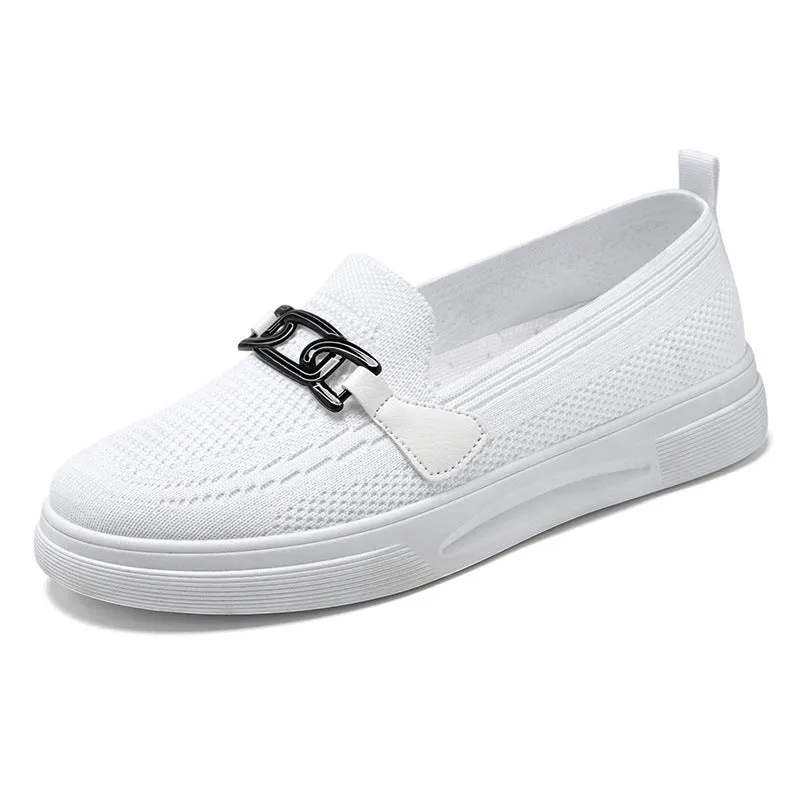 Ladies Knit Flats Casual Shoes With Buckle