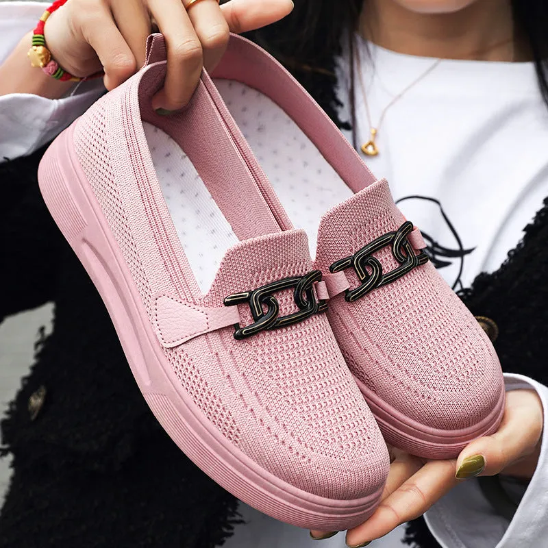 Ladies Knit Flats Casual Shoes With Buckle