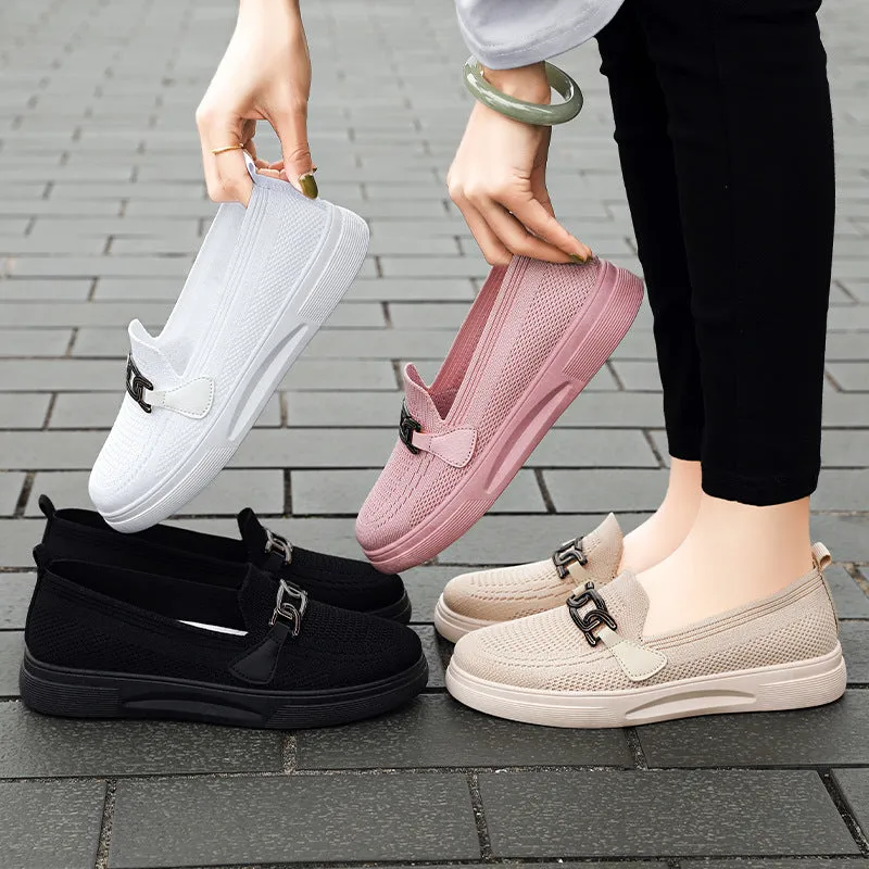 Ladies Knit Flats Casual Shoes With Buckle