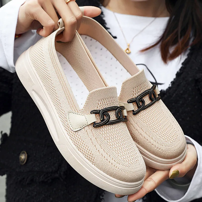 Ladies Knit Flats Casual Shoes With Buckle