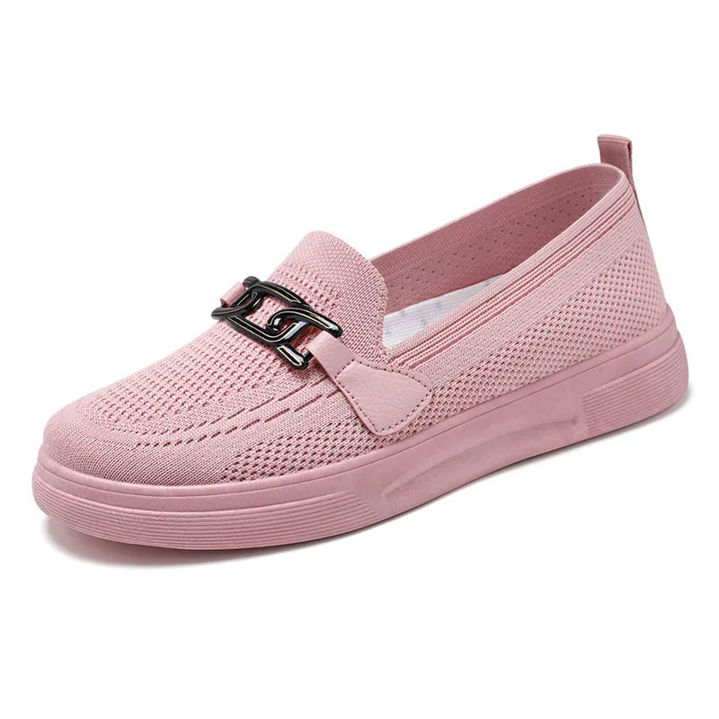 Ladies Knit Flats Casual Shoes With Buckle