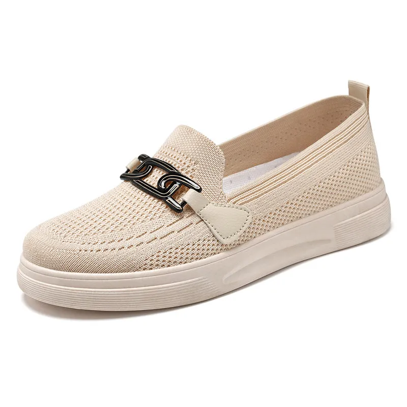 Ladies Knit Flats Casual Shoes With Buckle