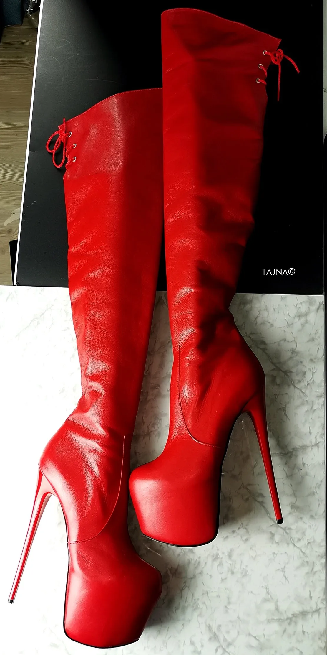 Red Genuine Leather Over The Knee Boots