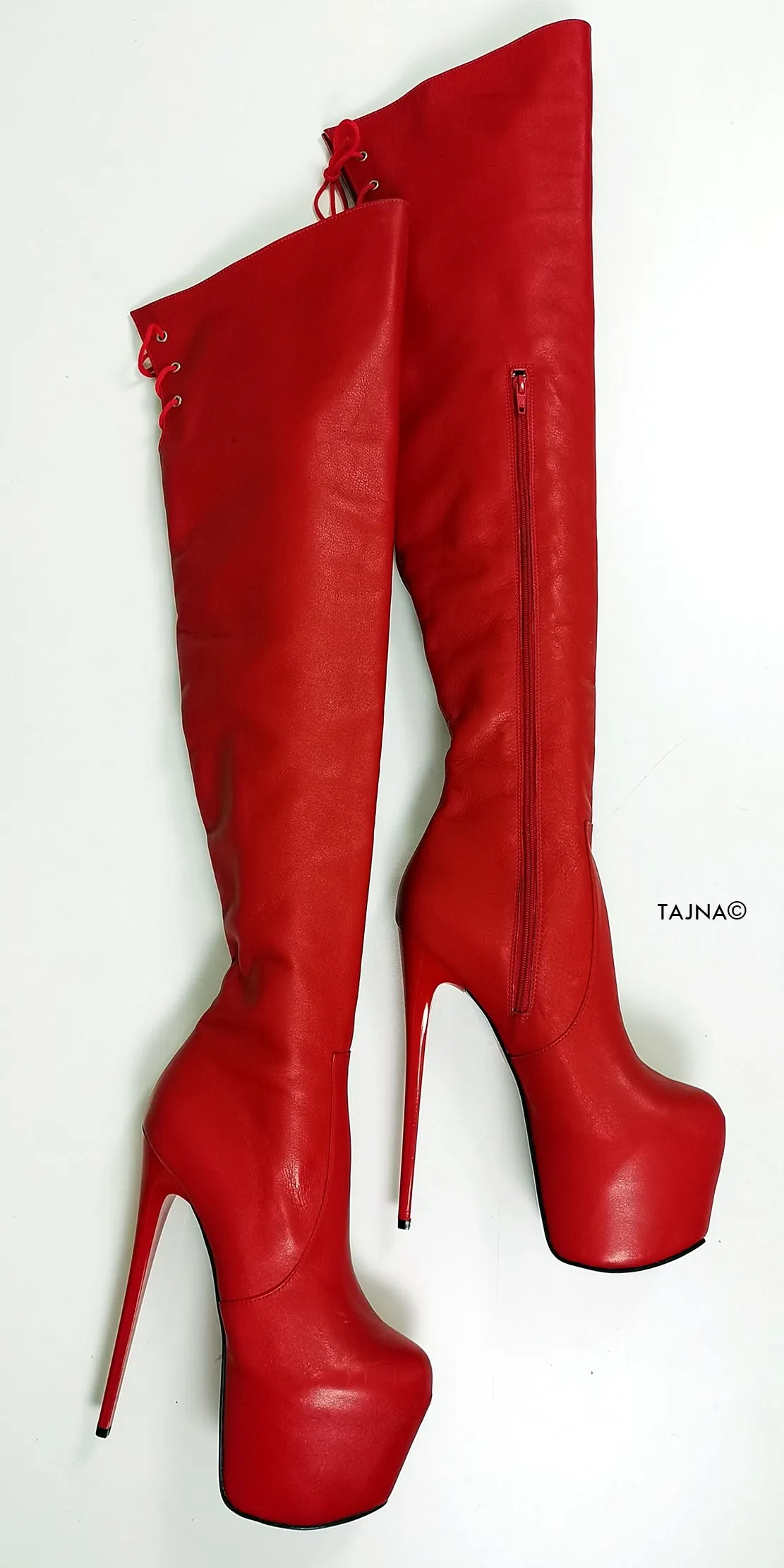 Red Genuine Leather Over The Knee Boots