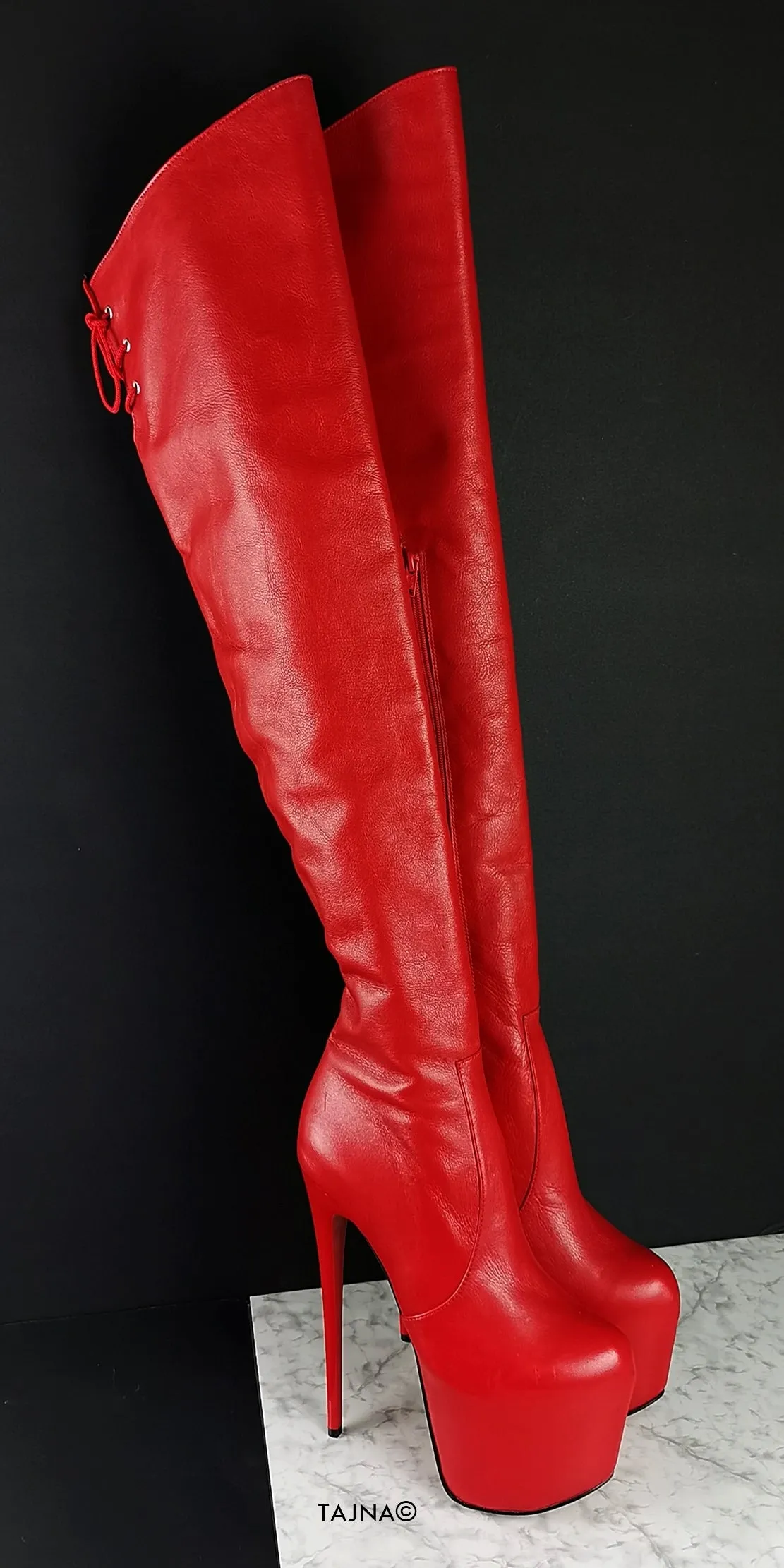 Red Genuine Leather Over The Knee Boots
