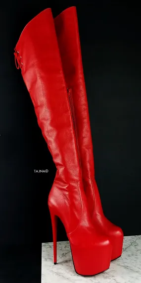 Red Genuine Leather Over The Knee Boots