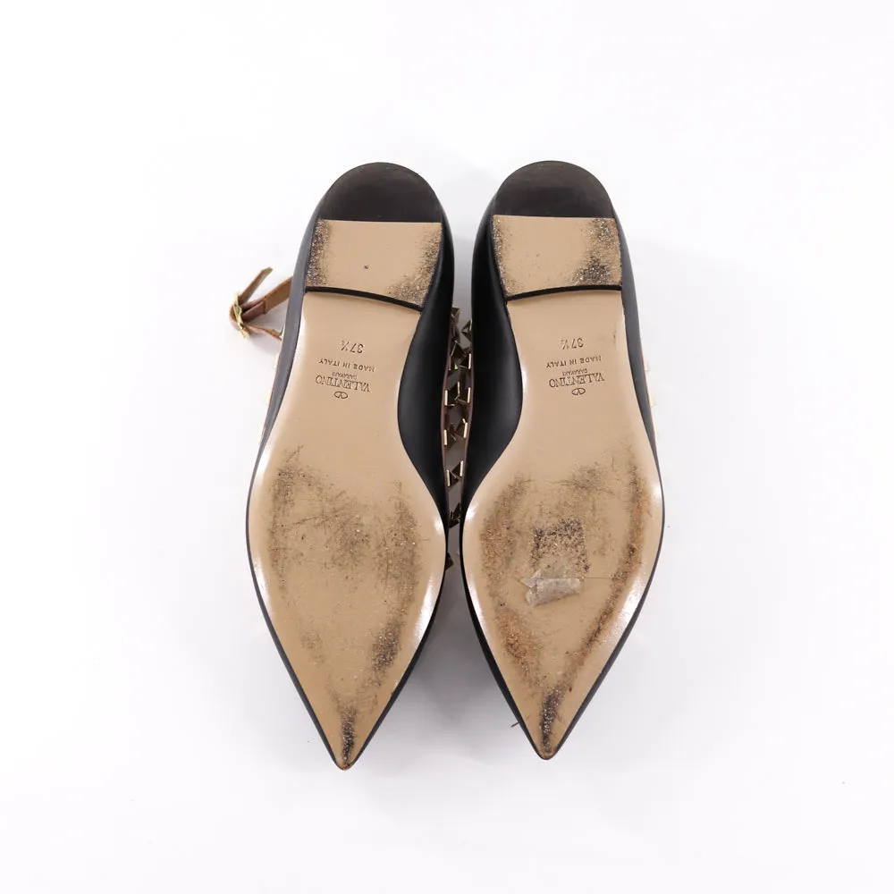 Rockstud Ballerina Strap Flats in Black Leather