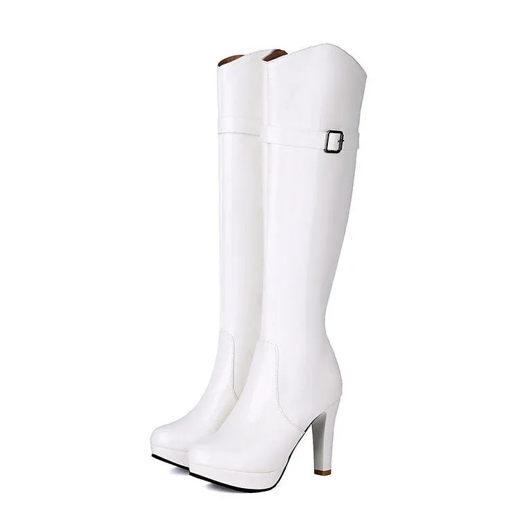 Women's Buckle Strap High Heel Platform Knee High Boots