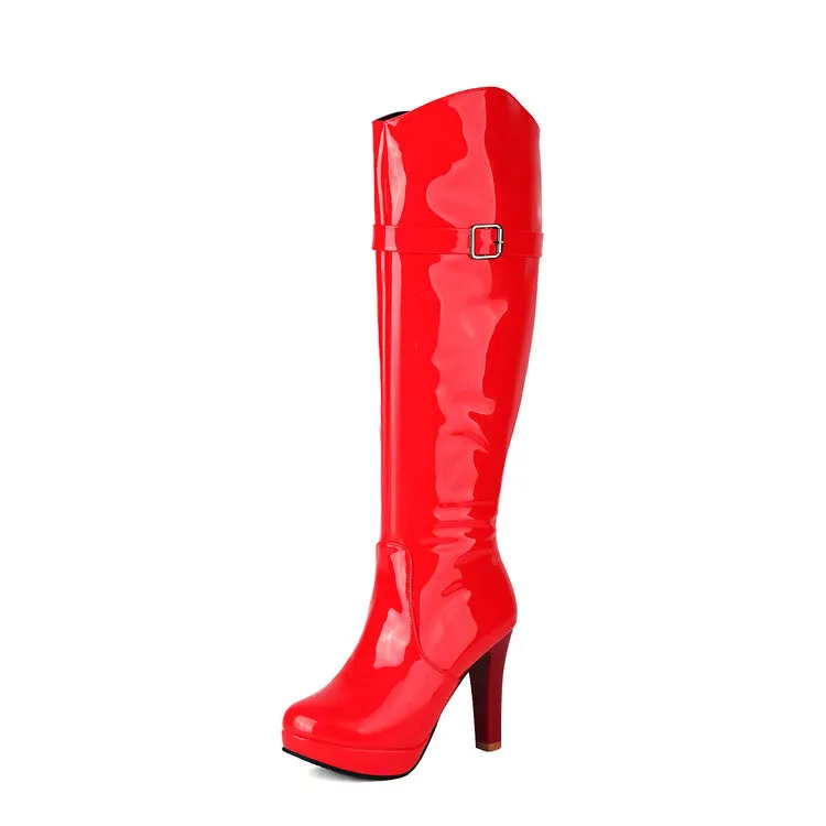 Women's Buckle Strap High Heel Platform Knee High Boots