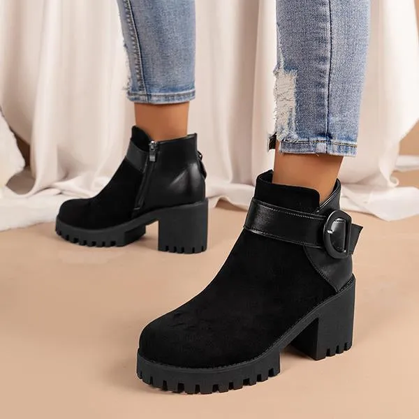 Women's Casual Thick Heel Round Toe Belt Buckle Booties 57406494S