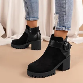 Women's Casual Thick Heel Round Toe Belt Buckle Booties 57406494S