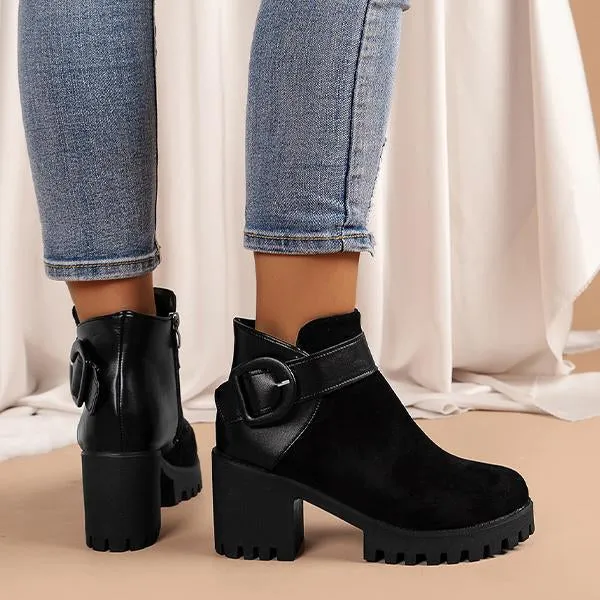 Women's Casual Thick Heel Round Toe Belt Buckle Booties 57406494S