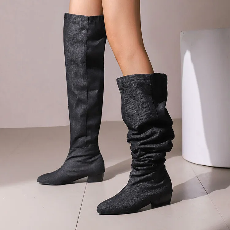 Women's Denim Pleated Pointed Toe Block Heel Over the Knee Boots