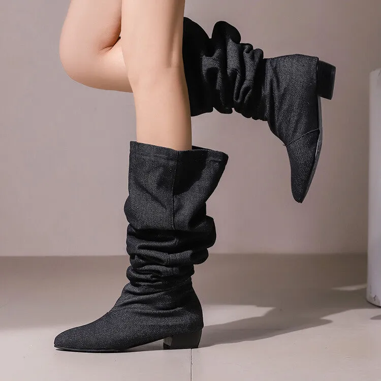 Women's Denim Pleated Pointed Toe Block Heel Over the Knee Boots