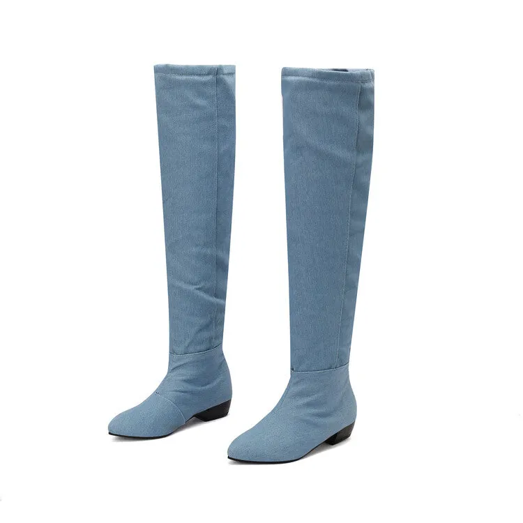 Women's Denim Pleated Pointed Toe Block Heel Over the Knee Boots