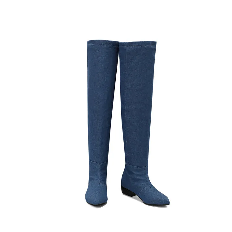 Women's Denim Pleated Pointed Toe Block Heel Over the Knee Boots