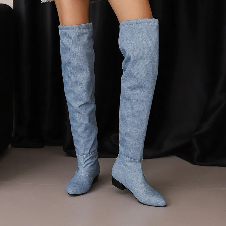 Women's Denim Pleated Pointed Toe Block Heel Over the Knee Boots