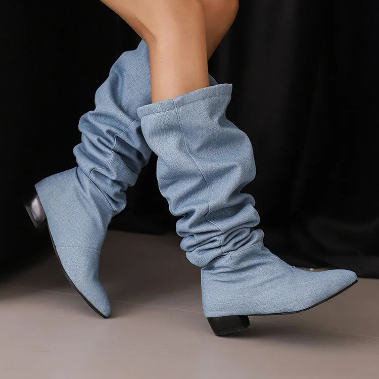 Women's Denim Pleated Pointed Toe Block Heel Over the Knee Boots