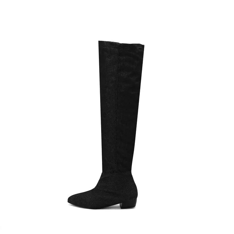 Women's Denim Pleated Pointed Toe Block Heel Over the Knee Boots