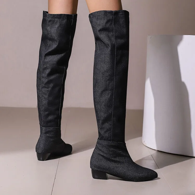 Women's Denim Pleated Pointed Toe Block Heel Over the Knee Boots