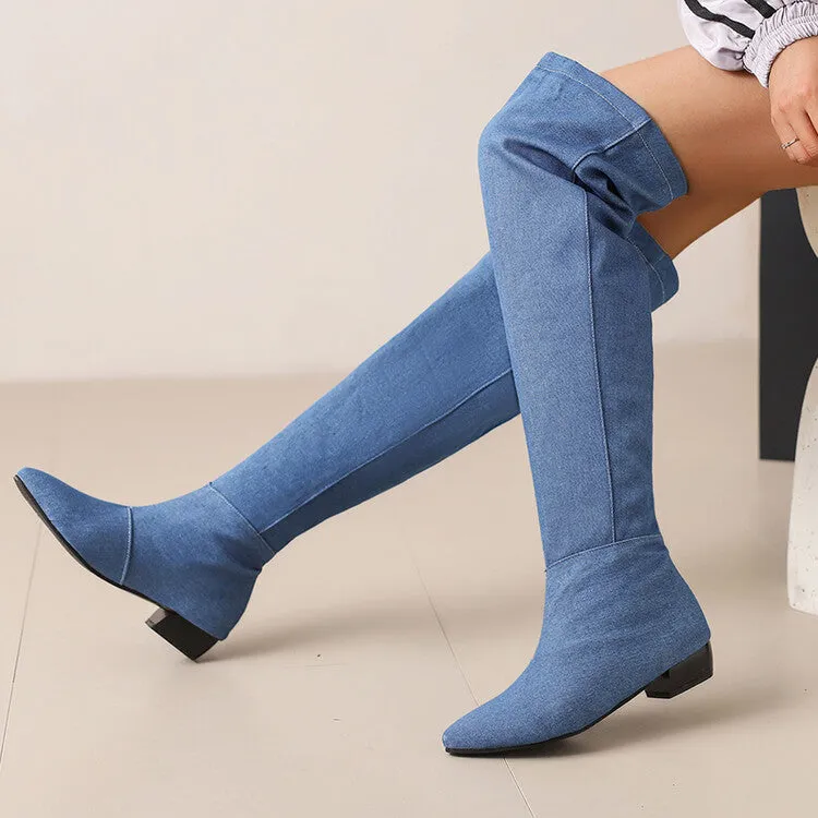 Women's Denim Pleated Pointed Toe Block Heel Over the Knee Boots