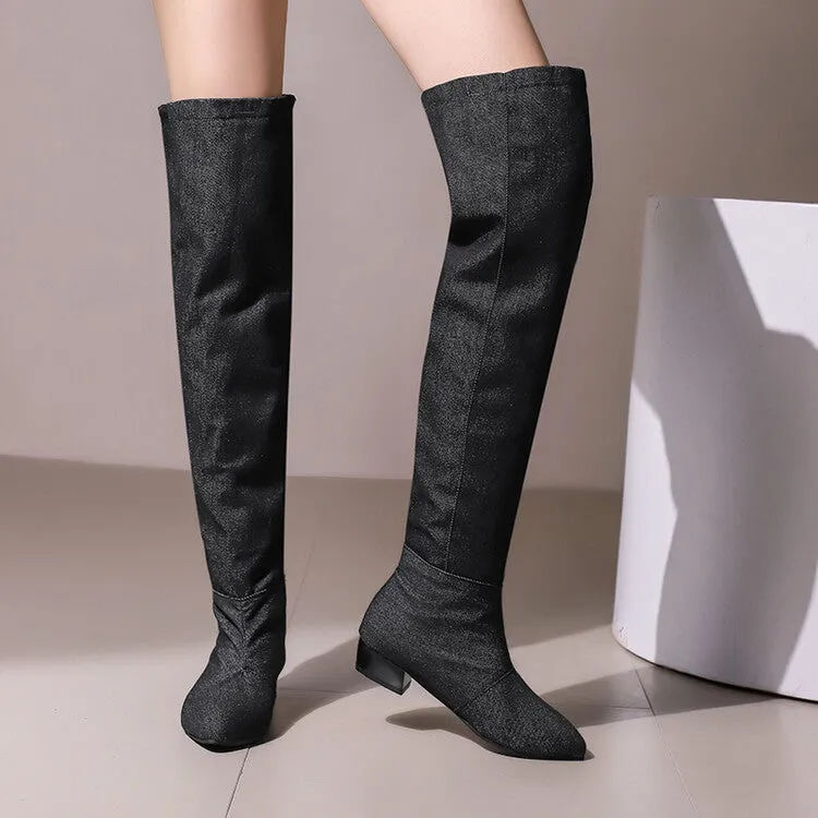 Women's Denim Pleated Pointed Toe Block Heel Over the Knee Boots