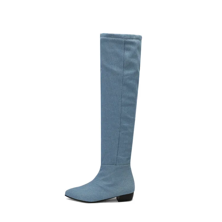 Women's Denim Pleated Pointed Toe Block Heel Over the Knee Boots