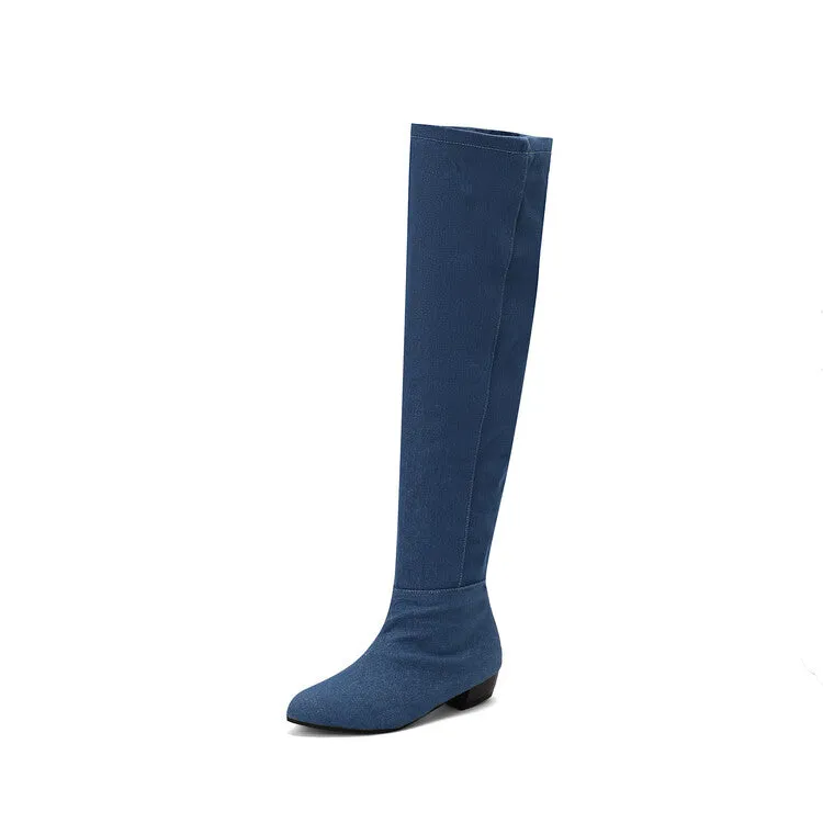 Women's Denim Pleated Pointed Toe Block Heel Over the Knee Boots
