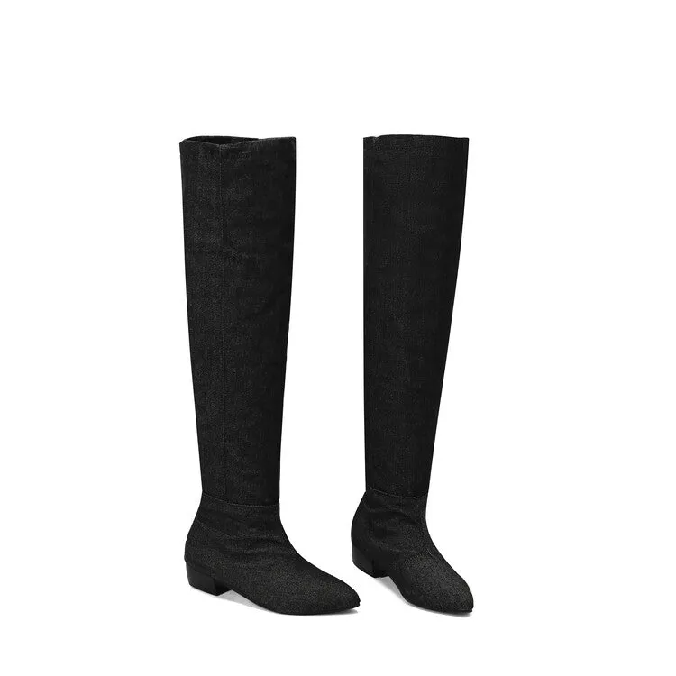 Women's Denim Pleated Pointed Toe Block Heel Over the Knee Boots