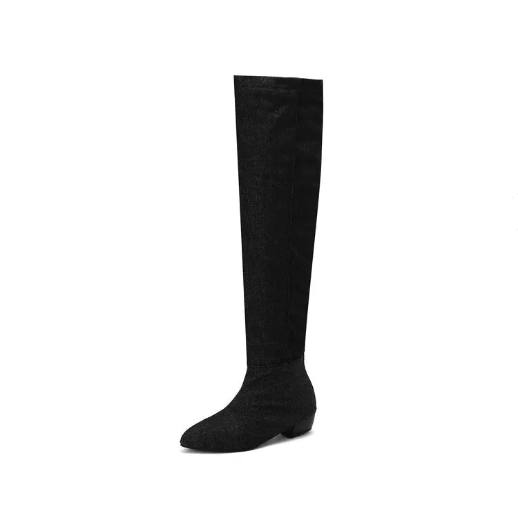 Women's Denim Pleated Pointed Toe Block Heel Over the Knee Boots