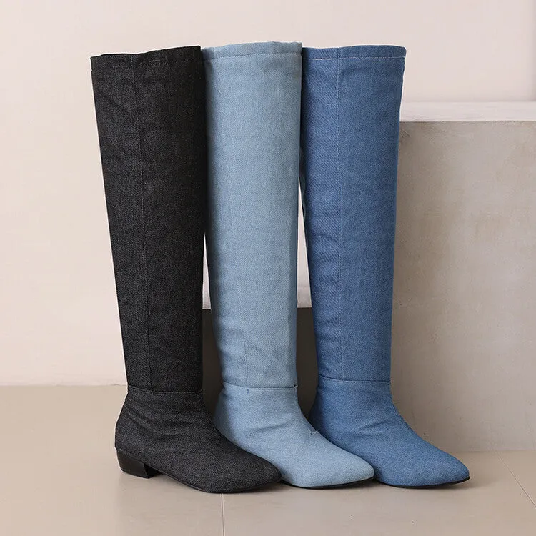 Women's Denim Pleated Pointed Toe Block Heel Over the Knee Boots