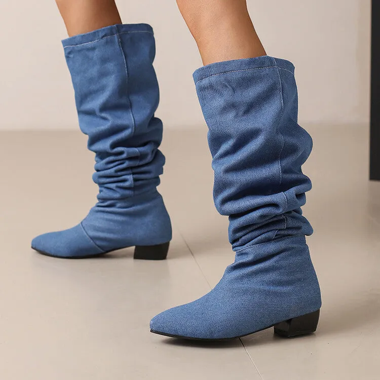 Women's Denim Pleated Pointed Toe Block Heel Over the Knee Boots