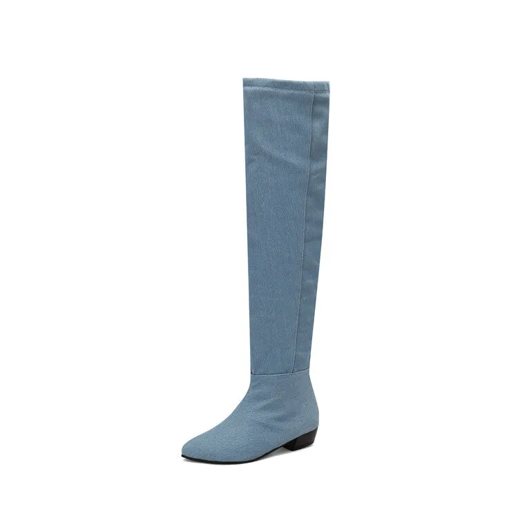 Women's Denim Pleated Pointed Toe Block Heel Over the Knee Boots