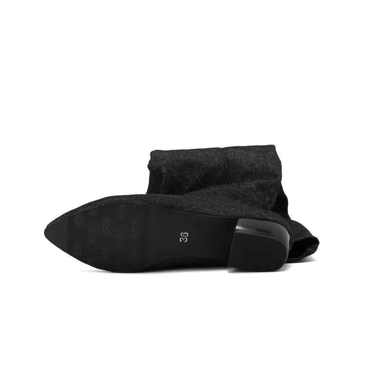Women's Denim Pleated Pointed Toe Block Heel Over the Knee Boots