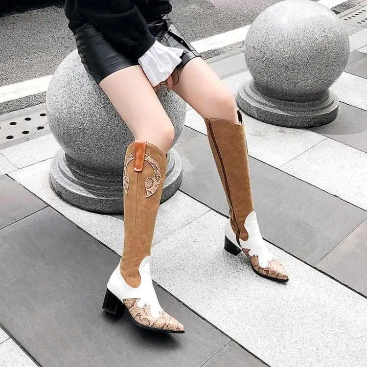 Women's Patchwork Pointed Toe Block Chunky Heel Knee High Boots