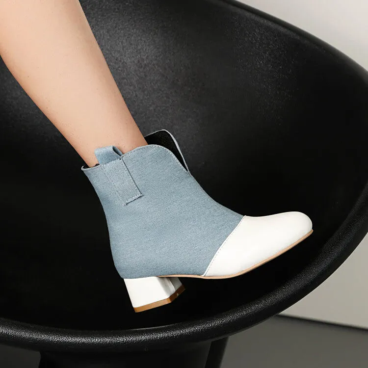 Women's Round Toe Denim Square Heel Knee-High Boots