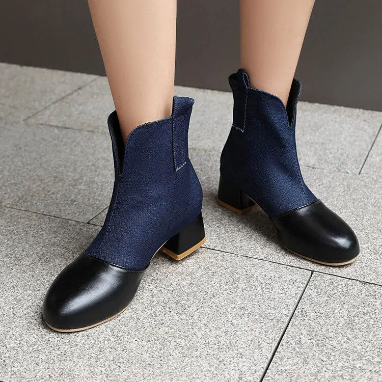 Women's Round Toe Denim Square Heel Knee-High Boots