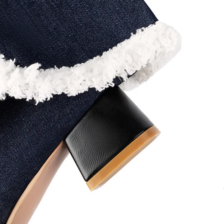 Women's Round Toe Denim Square Heel Knee-High Boots
