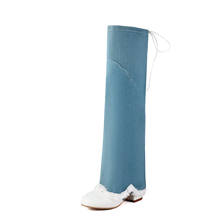 Women's Round Toe Denim Square Heel Knee-High Boots