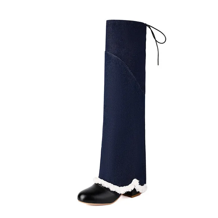 Women's Round Toe Denim Square Heel Knee-High Boots