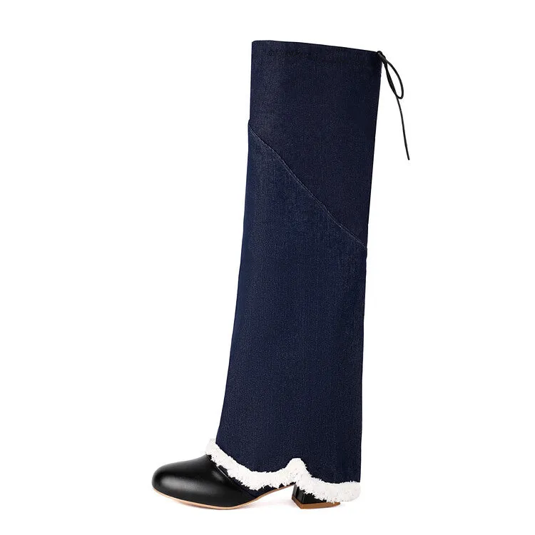 Women's Round Toe Denim Square Heel Knee-High Boots