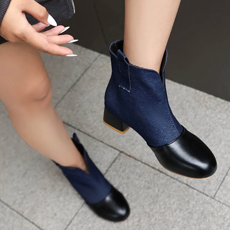 Women's Round Toe Denim Square Heel Knee-High Boots