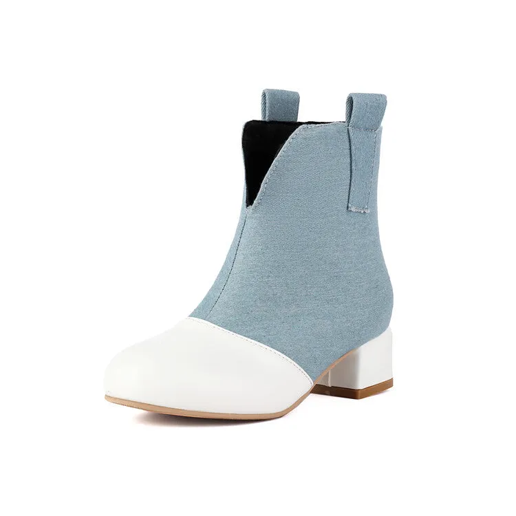 Women's Round Toe Denim Square Heel Knee-High Boots