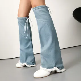 Women's Round Toe Denim Square Heel Knee-High Boots